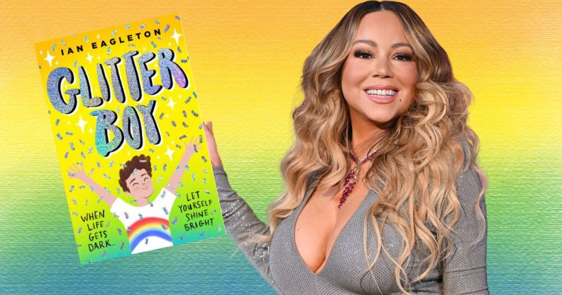 A photoshopped image that shows Mariah Carey holding a copy of LGBTQ+ book Glitter Boy, against a rainbow background.