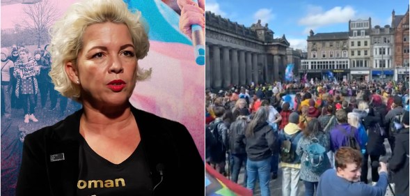 Composite image- on the left is Posie Parker, also known as Kellie-Jay Keen-Minshull, on the right is a large counter protest that took place against her recent rally in Edinburgh