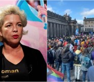 Composite image- on the left is Posie Parker, also known as Kellie-Jay Keen-Minshull, on the right is a large counter protest that took place against her recent rally in Edinburgh