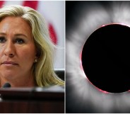 Composite image shows Margorie Taylor Greene on the left and a total eclipse on the right