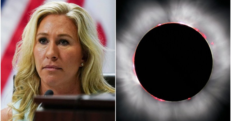 Composite image shows Margorie Taylor Greene on the left and a total eclipse on the right