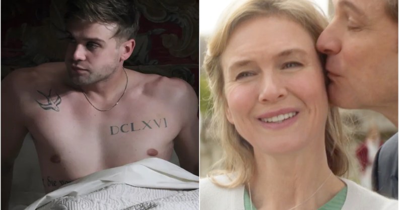 Photo shows Leo Woodall Shirtless in bed in The White Lotus on the left, and Bridget Jones, played by Renee Zellweger, getting a kiss on the cheek from Mark Darcy, played by Colin Firth, on the right