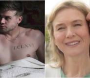 Photo shows Leo Woodall Shirtless in bed in The White Lotus on the left, and Bridget Jones, played by Renee Zellweger, getting a kiss on the cheek from Mark Darcy, played by Colin Firth, on the right