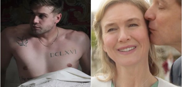 Photo shows Leo Woodall Shirtless in bed in The White Lotus on the left, and Bridget Jones, played by Renee Zellweger, getting a kiss on the cheek from Mark Darcy, played by Colin Firth, on the right