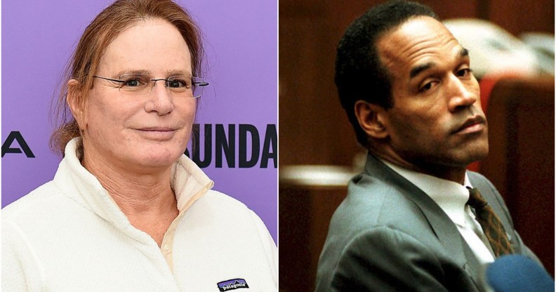 Composite image showing Zoey Tur on the left in a white top and glasses, and OJ Simpson at his famous murder trial on the right.