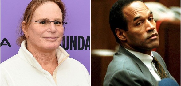 Composite image showing Zoey Tur on the left in a white top and glasses, and OJ Simpson at his famous murder trial on the right.