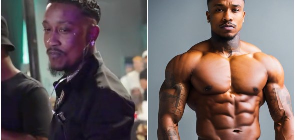 Composite image showing Jerzey Saint Wilson on the right, competing in a drag pageant, and on the right, posing shirtless on Instagram. A tweet claimed he is the son of actor and comedian Tommy Davidson
