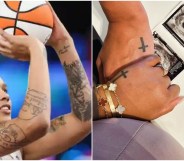 Left: Brittney Griner on the basketball court, preparing to throw the ball. Right - the instagram post announcing the baby - with the Griners holding hands on top of a baby bump with a sonogram picture on the table behind.