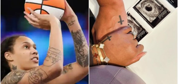 Left: Brittney Griner on the basketball court, preparing to throw the ball. Right - the instagram post announcing the baby - with the Griners holding hands on top of a baby bump with a sonogram picture on the table behind.