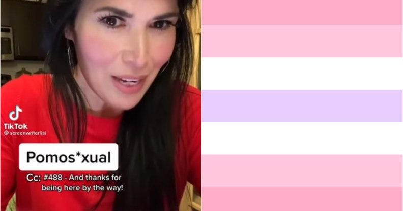 Image shows a woman with long dark hair on the left, explaining pomosexuality on TikTok. On the right is the Pomosexual Pride flag