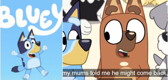 Image on the left shows the Bluey title card, on the right is a scene from recent episode The Sign where Pretzel talks about having two mums
