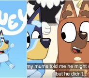 Image on the left shows the Bluey title card, on the right is a scene from recent episode The Sign where Pretzel talks about having two mums