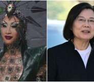 Photo shows Nymphia in drag on the left, wearing an elaborate headdress, and the Taiwanese president on the right