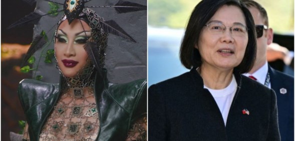 Photo shows Nymphia in drag on the left, wearing an elaborate headdress, and the Taiwanese president on the right