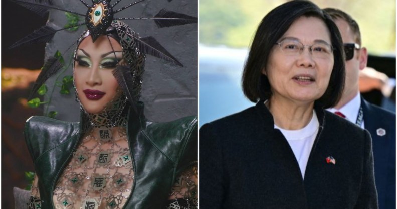 Photo shows Nymphia in drag on the left, wearing an elaborate headdress, and the Taiwanese president on the right