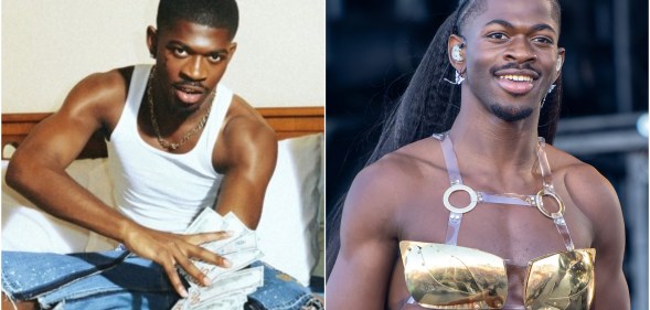 on the left, Lil Nas X is shown sitting on a bed holding a large quantity of banknotes, on the right he's pictured at Glastonbury in a strappy gold top.