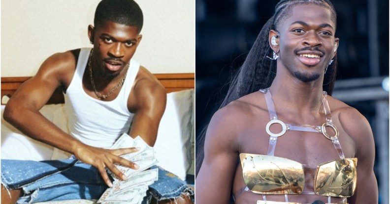 on the left, Lil Nas X is shown sitting on a bed holding a large quantity of banknotes, on the right he's pictured at Glastonbury in a strappy gold top.