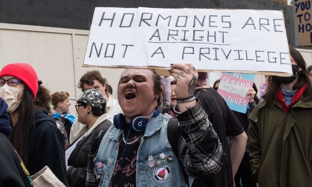 An activist holds up a sign saying "hormones are a right not a privilege"