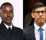 On the left, Ncuti Gatwa in a black trench coat, white shirt and black tie. On the right, Rishi Sunak looks stern in a black balzer, white shirt and blue time and glasses.