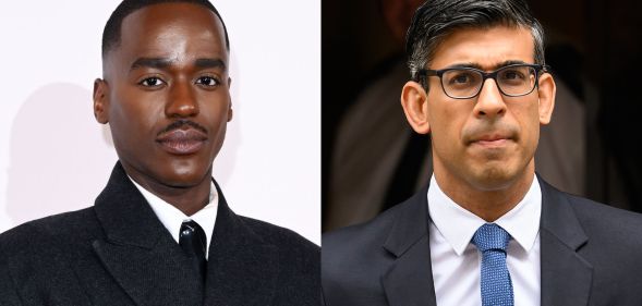 On the left, Ncuti Gatwa in a black trench coat, white shirt and black tie. On the right, Rishi Sunak looks stern in a black balzer, white shirt and blue time and glasses.