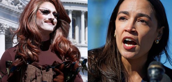 Drag queen Pattie Gonia dressed as a tree outside the US senate (left) and Alexandra Ocasio-Cortez (right)