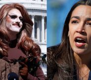 Drag queen Pattie Gonia dressed as a tree outside the US senate (left) and Alexandra Ocasio-Cortez (right)