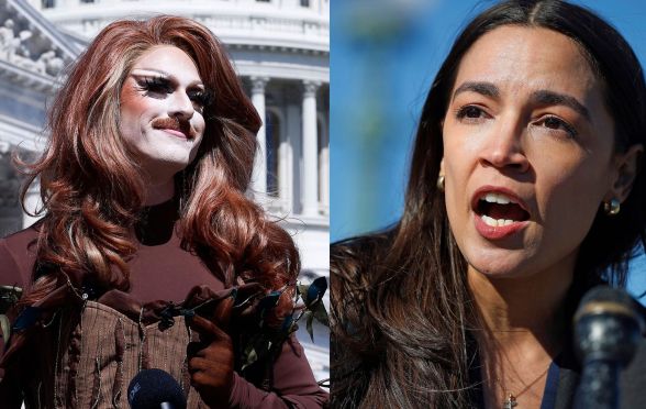Drag queen Pattie Gonia dressed as a tree outside the US senate (left) and Alexandra Ocasio-Cortez (right)
