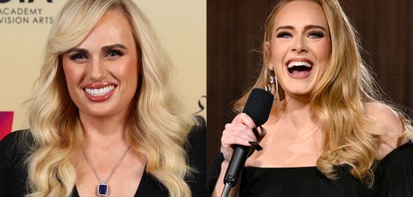 Rebel Wison smiles while wearing a black dress at a red carpet event. She is stood against a yellow background. On the right, Adele in a black dress singing into a microphone.