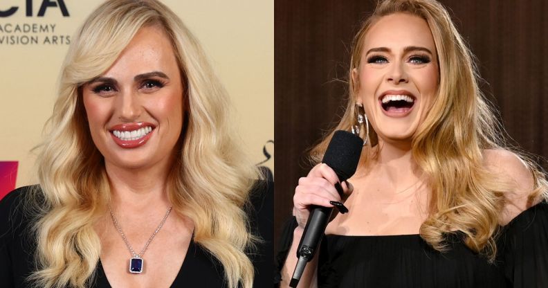 Rebel Wison smiles while wearing a black dress at a red carpet event. She is stood against a yellow background. On the right, Adele in a black dress singing into a microphone.
