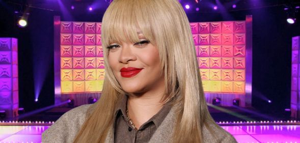 Rihanna with blonde hair and red lipstick smirking while at a FENTY X PUMA event in London, against an edited on Drag Race mainstage background.