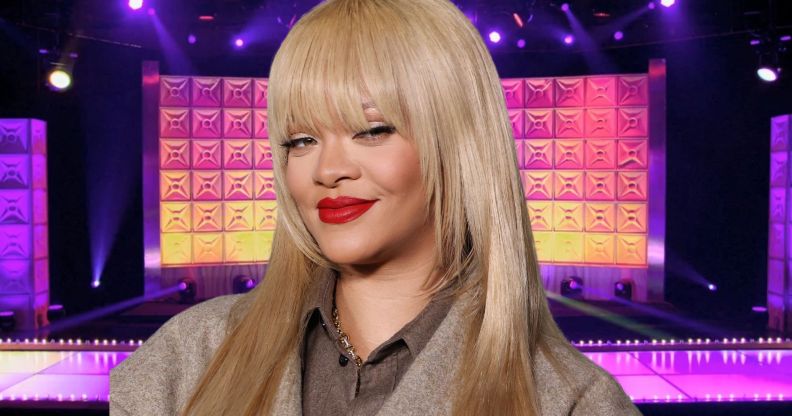 Rihanna with blonde hair and red lipstick smirking while at a FENTY X PUMA event in London, against an edited on Drag Race mainstage background.