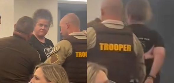 A split image of Audra Beasley being arrested by State troopers.