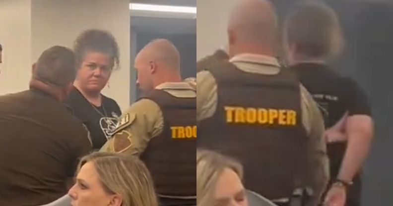 A split image of Audra Beasley being arrested by State troopers.