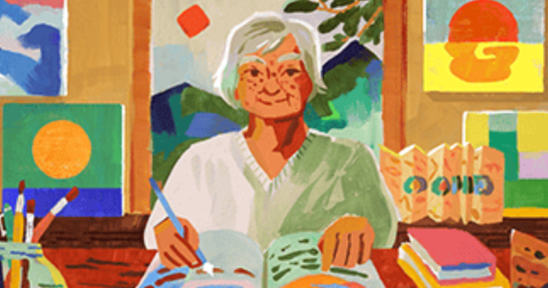 A brightly coloured illustration of poet Etel Adnan