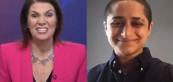 TalkTV host Julia Hartley-Brewer (left) and non-binary journalist Shivani Dave (right)