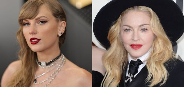 Taylor Swift at the Grammy Awards in 2024 and Madonna at the Grammy Awards in 2014.