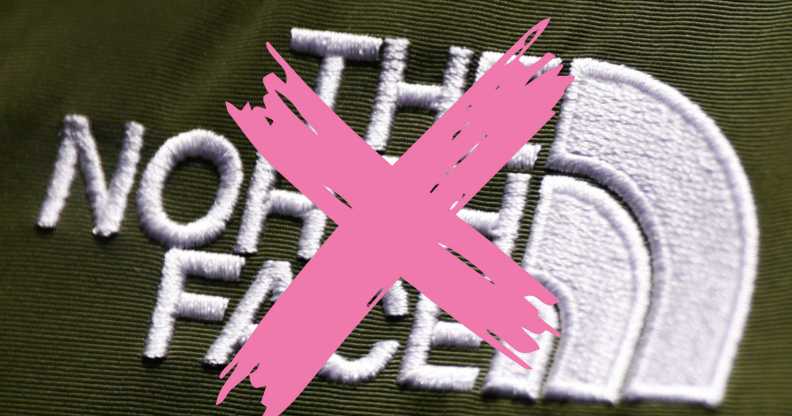 The North Face logo with a pink X over it