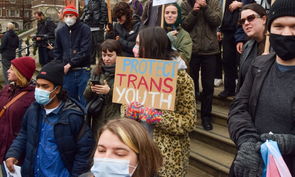 Activists in a crowd hold signs, with one saying "protect trans youth."