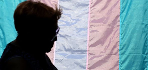 A silhouette of a person infront of a trans flag.