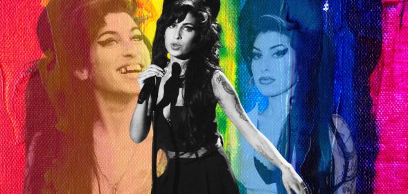 A rainbow background with three images of Back to Black singer Amy Winehouse against it, all in black and white.