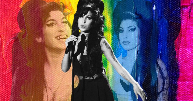 A rainbow background with three images of Back to Black singer Amy Winehouse against it, all in black and white.