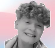 A graphic composed of pink, blue and white swirls representative of the colours of the trans Pride flag alongside an image of trans teen Charlie Millers, there is an inquest into his death