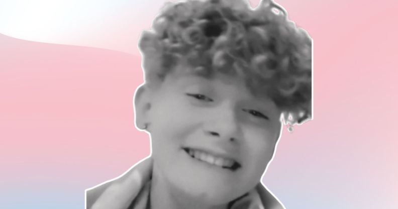 A graphic composed of pink, blue and white swirls representative of the colours of the trans Pride flag alongside an image of trans teen Charlie Millers, there is an inquest into his death