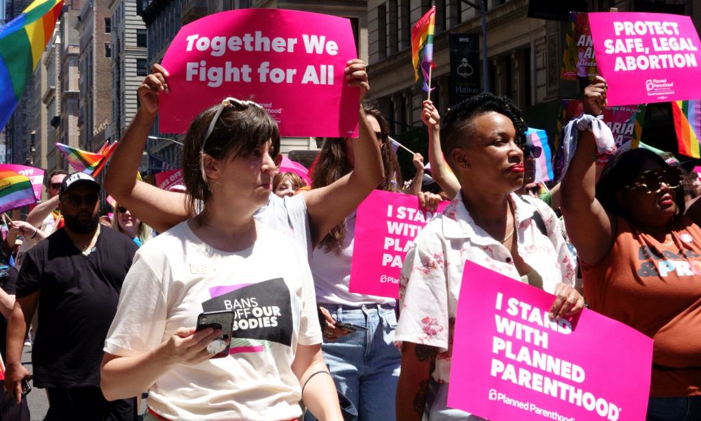 Protestors hold up signs showing their support for abortion rights and Planned Parenthood in the US