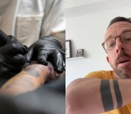 A tattoo artist working and a man with a double armband tattoo