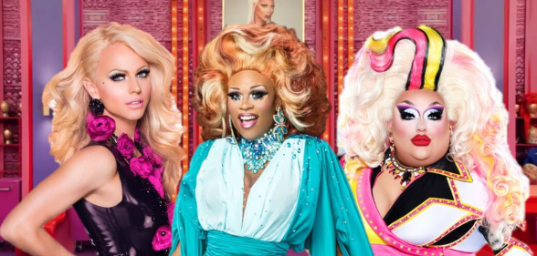 A graphic of Courtney Act, Peppermint and Mistress Isabelle Brooks superimposed on to the Werk Room of RuPaul's Drag Race (World of Wonder)