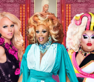 A graphic of Courtney Act, Peppermint and Mistress Isabelle Brooks superimposed on to the Werk Room of RuPaul's Drag Race (World of Wonder)