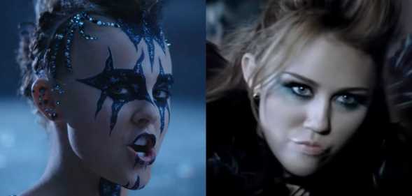 JoJo Siwa in the music video for "Karma" (left) and Miley Cyrus in the music video for "Can't Be Tamed" (right)