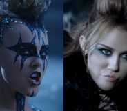 JoJo Siwa in the music video for "Karma" (left) and Miley Cyrus in the music video for "Can't Be Tamed" (right)