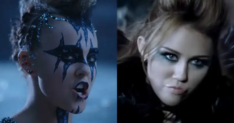 JoJo Siwa in the music video for "Karma" (left) and Miley Cyrus in the music video for "Can't Be Tamed" (right)